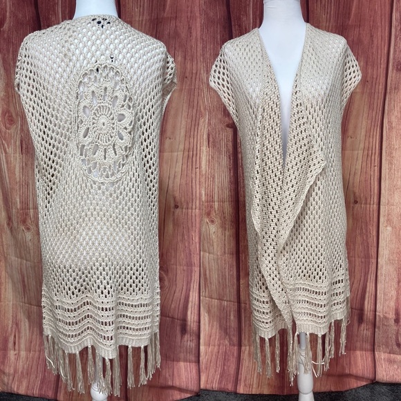 Artesia Jackets & Blazers - Artesia beige crochet tassels sleeveless open front boho hippie vest size S